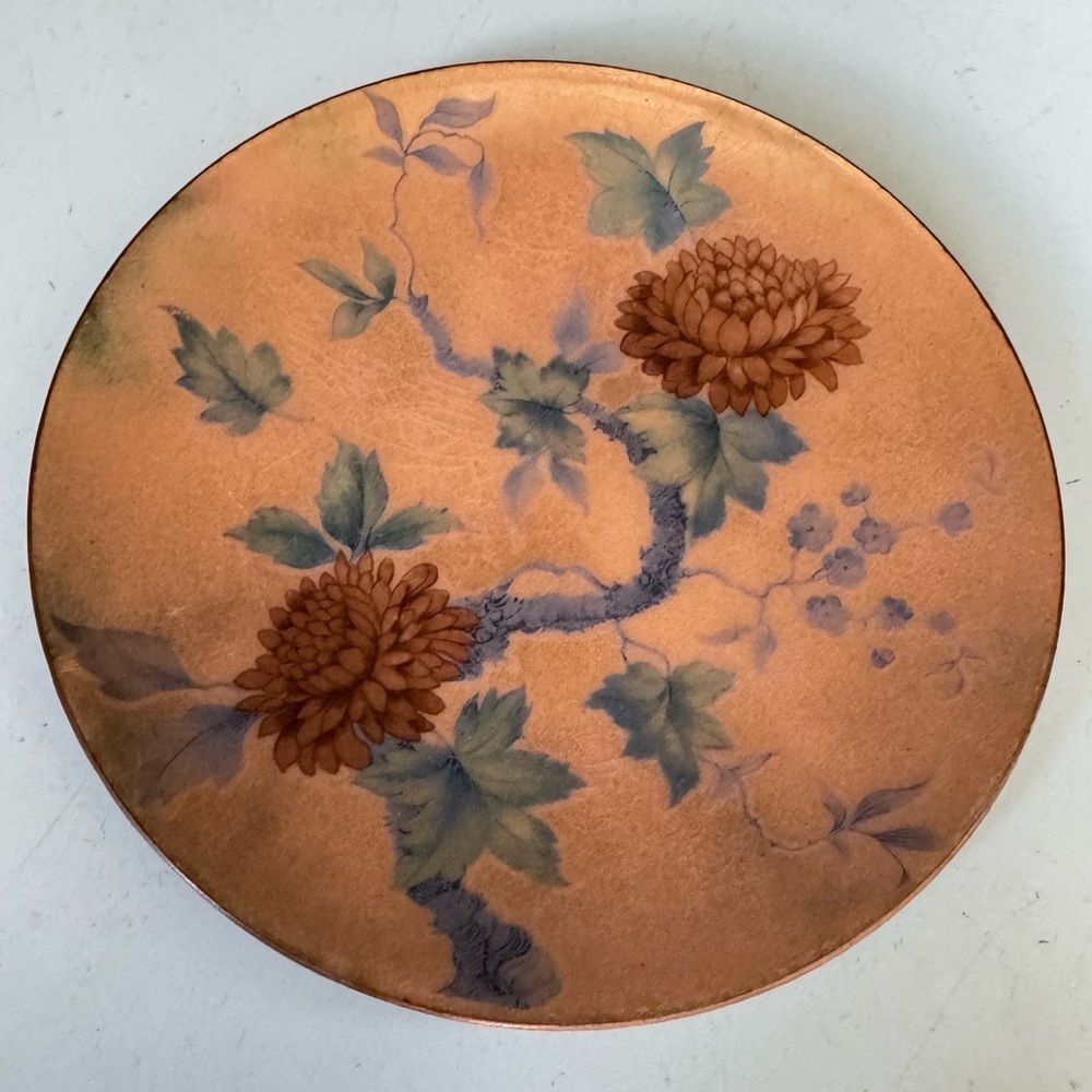 Vintage Marilyn Stinson Dish Enamel on Copper Made in Canada 5” Peach Floral